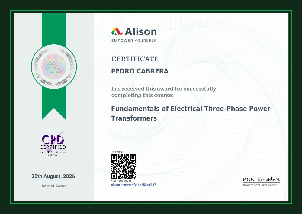 Diploma: Fundamentos de transformadores eléctricos trifásicos, a nombre de Pedro Cabrera