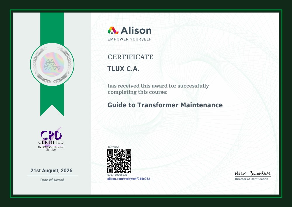 Diploma: Guía de mantenimiento de transformadores, a nombre de TLUX C.A.