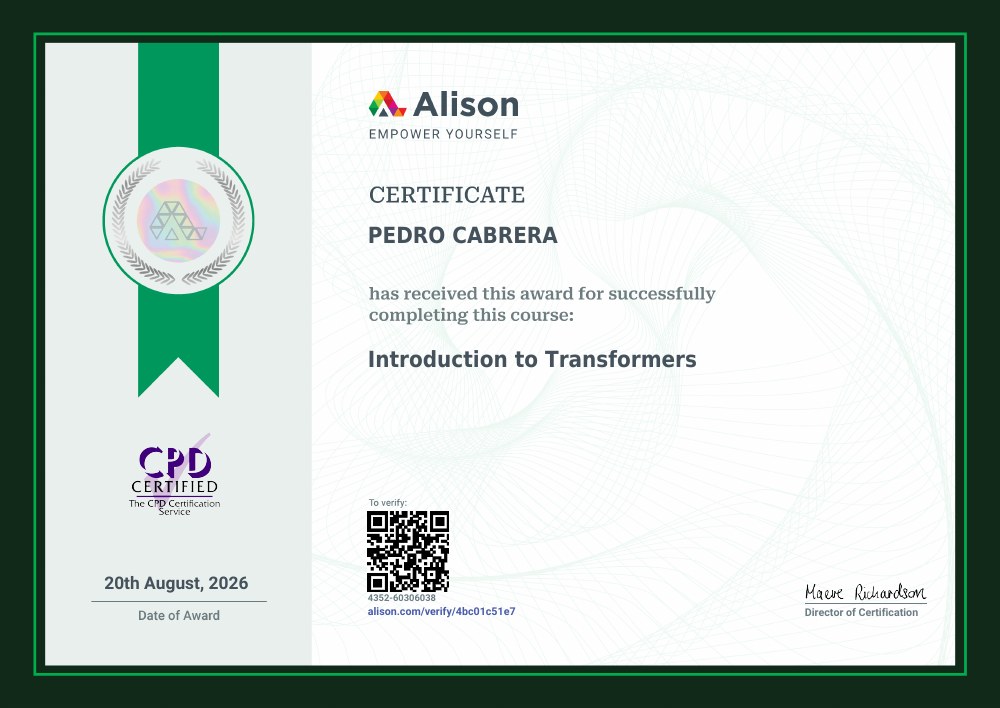 Diploma: Introducción a los transformadores, a nombre de Pedro Cabrera