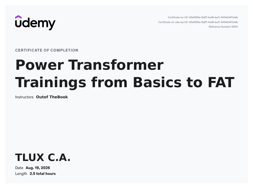 Diploma: Transformadores de potencia: fundamentos y pruebas de aceptación en fábrica, a nombre de TLUX C.A.